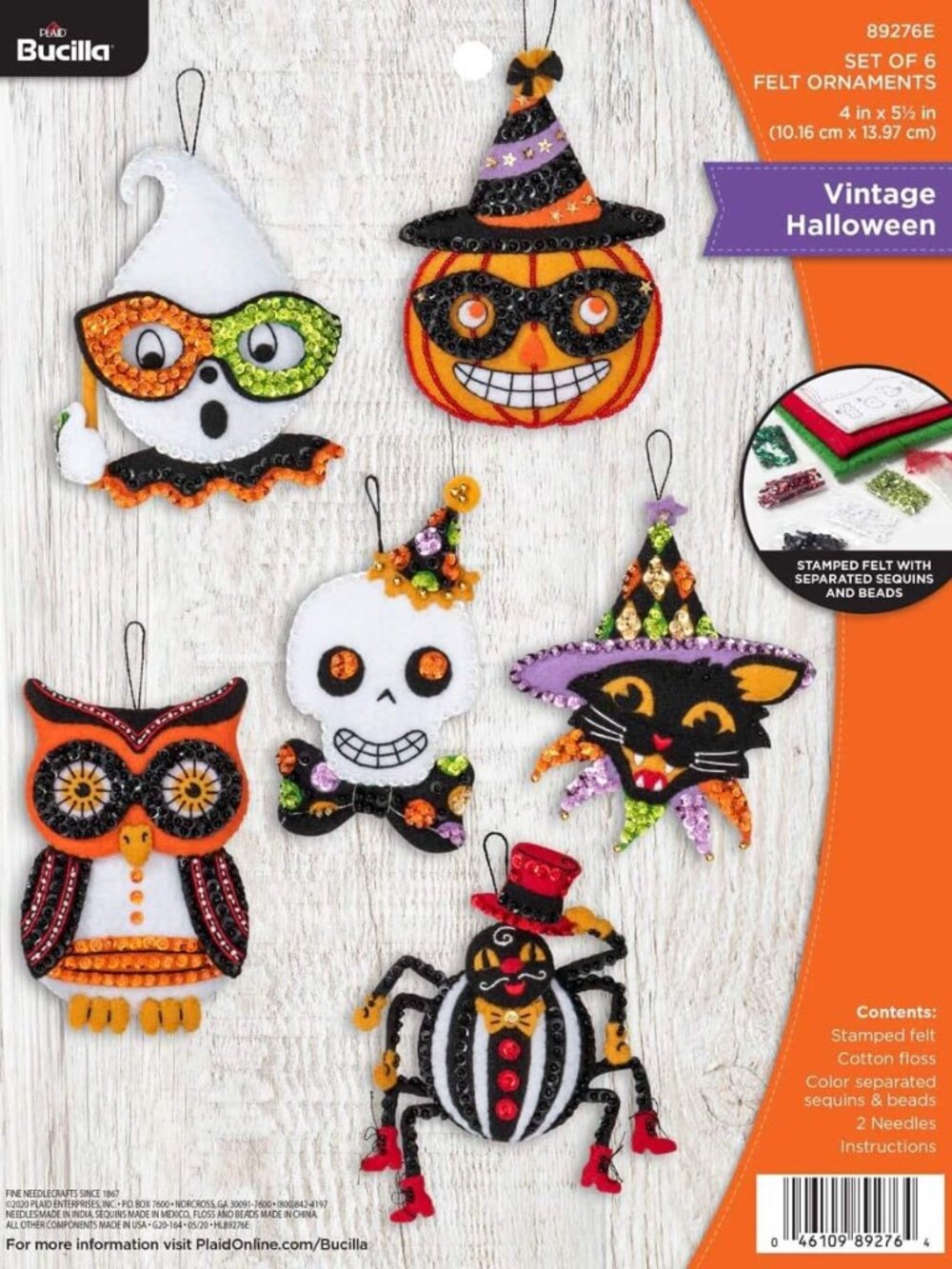 89276E Felt Applique Ornament Kit, Vintage Halloween, Set of 6
